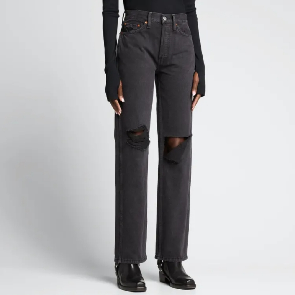 Redone High Rise Distressed Jean Washed Black Rip Size 27